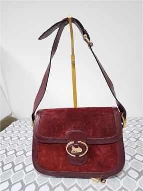 Authentic CELINE VINTAGE SULKY SUEDE CARRIAGE SHOULDER BAG BURGUNDY
